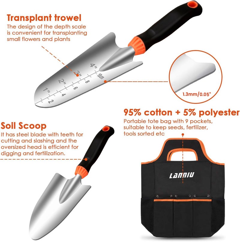 LANNIU Garden Tool Set, 9 Piece Stainless Steel Heavy Duty Gardening Tool Set, with Non-Slip Rubber Grip, Storage Pocket, Ideal Gardening Gifts for Men - Image 4